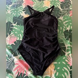 New Talisea Black High Neck Ruched Tummy Control 1pc Swimsuit M NWT